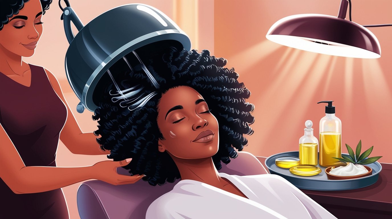 A serene salon setting with a woman with Afro-textured hair relaxing under a hooded hair dryer