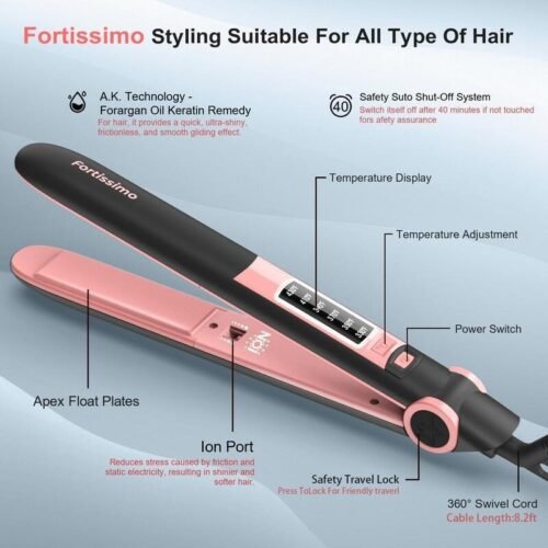 Powerful Negative Ion Ceramic Hair Straightener, 6 Temp Settings, 15s Fast Heat, 2-in-1 for Straightening & Curling