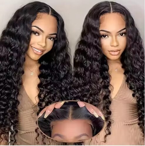 Glueless 70% human hair loose deep wave wig with pre-plucked, pre-cut HD lace frontal and 200% density.